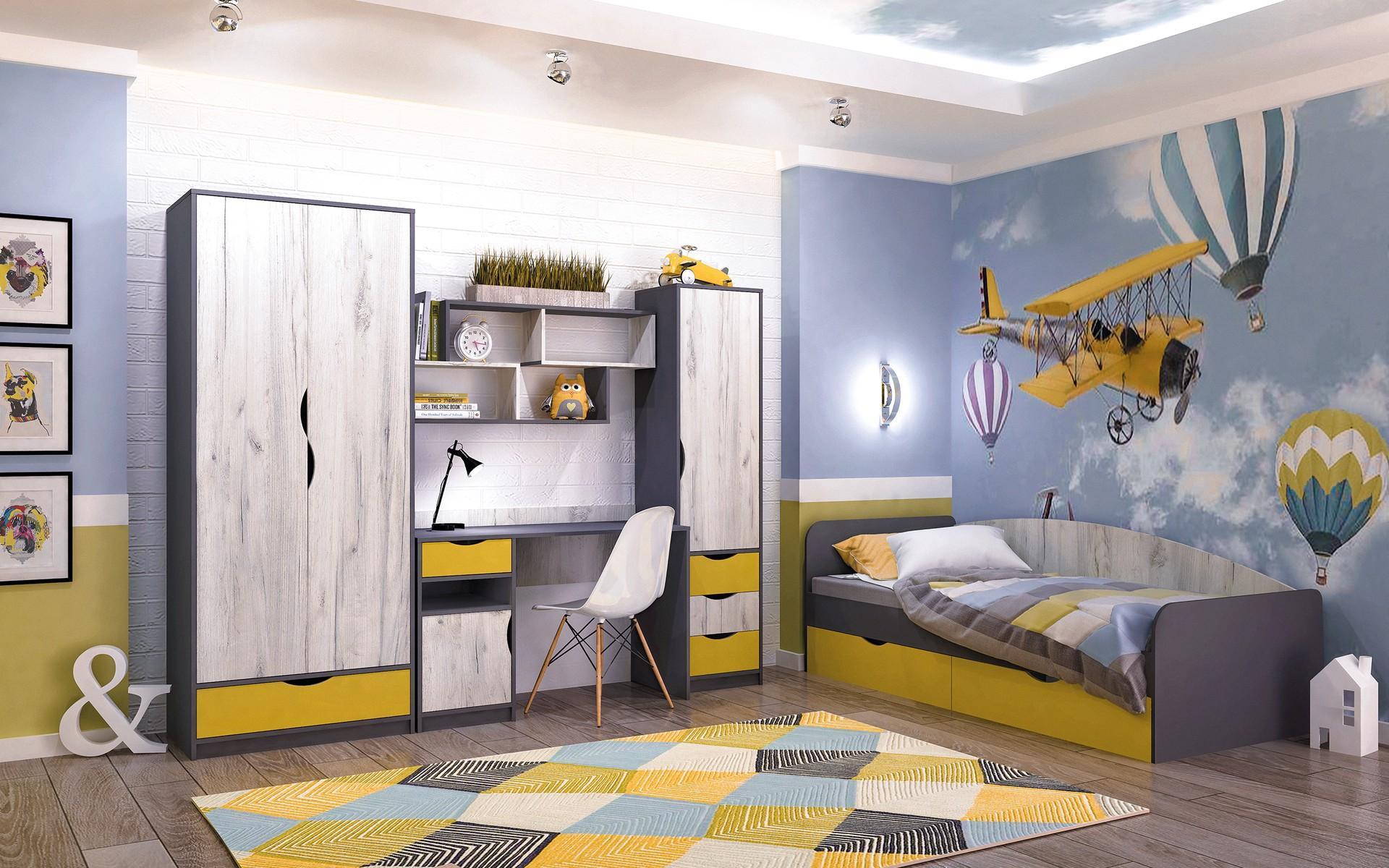 Set dormitor pentru camera copilului Artis II, grafit gri +stejar craft alb + galben  1